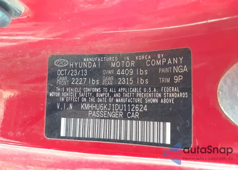 2013 Hyundai Genesis 3.8 Track z USA, uszkodzony, nr VIN KMHHU6KJ1DU112624